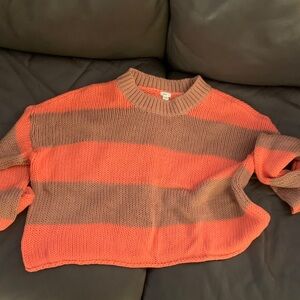 Striped Crewneck Cropped Sweater in Coral and Taupe
